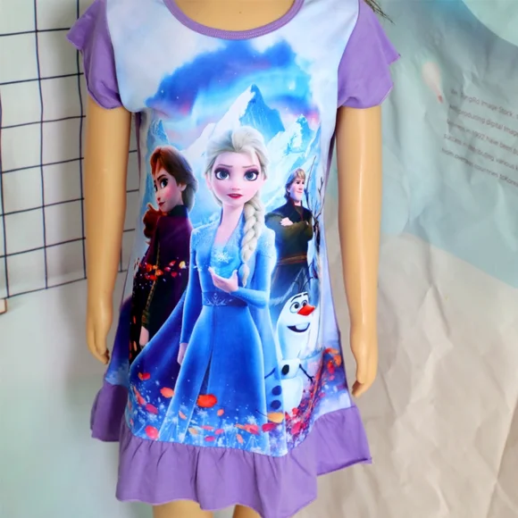 4T Girls Disney Frozen Elsa Anna Nightgown Short Sleeve Sleep Dress Elsa Pajamas - Picture 2 of 5